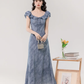 French gentle style retro blue lotus leaf collar dress beautiful waist A-line long skirt R0879