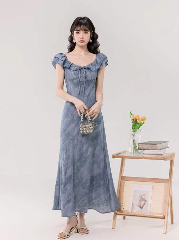 French gentle style retro blue lotus leaf collar dress beautiful waist A-line long skirt R0879