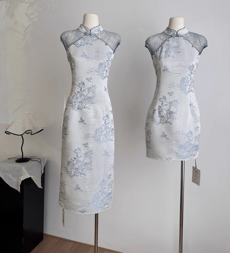 New Chinese style short skirt waist slimming Chinese style lace cheongsam dress R2078