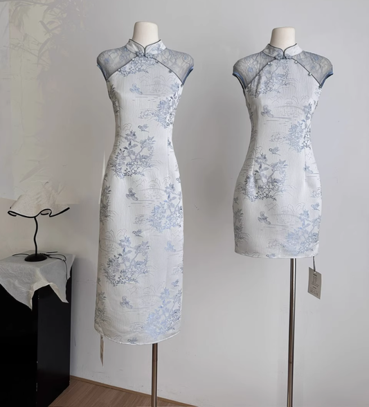 New Chinese style short skirt waist slimming Chinese style lace cheongsam dress R2078