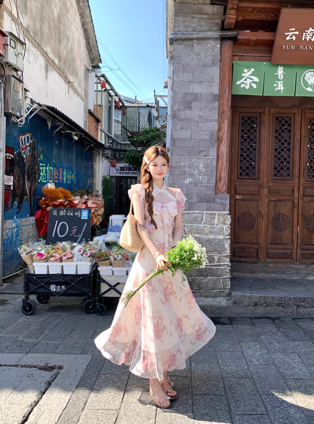 Long printed halter neck dress for women summer French style skirt R4831