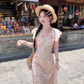 Lace V-neck floral suspender dress for women summer French retro temperament skirt R4782