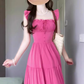 French square neck rose red tie waist dress beautiful gentle style backless long skirt R0462