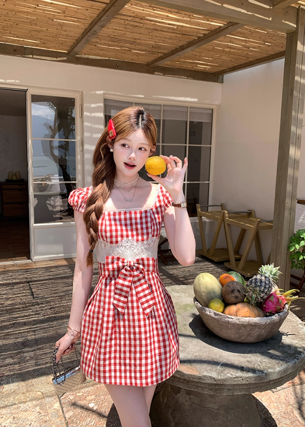 Pink mid-length square collar plaid waist suspender dress women's summer A-line skirt R4903