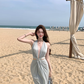 Blue V-neck hollow sleeveless halter dress waist banquet dress R0562