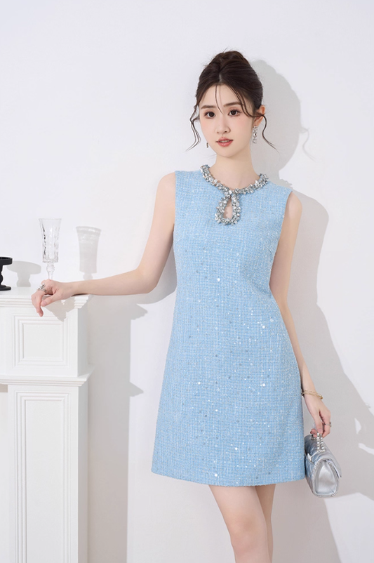 French design niche dress new style temperament waist slim blue Chanel style sleeveless dress R4223