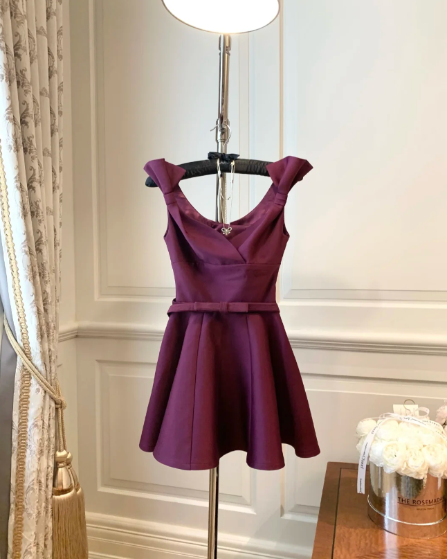 Purple bow strap waist slim fit A-line short skirt homecoming dress R4154