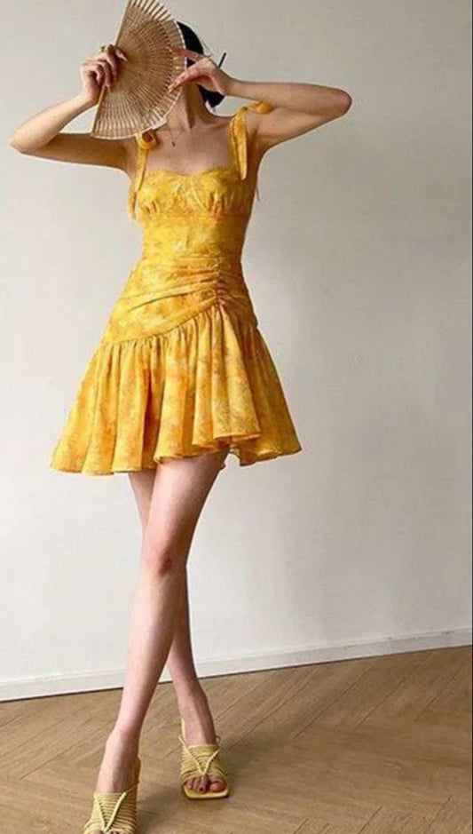Yellow broken flower suspender slim irregular skirt homecoming dress R2515
