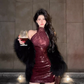 Sexy hot girl lace sleeveless top 2025 retro red high waist hip skirt suit R1154