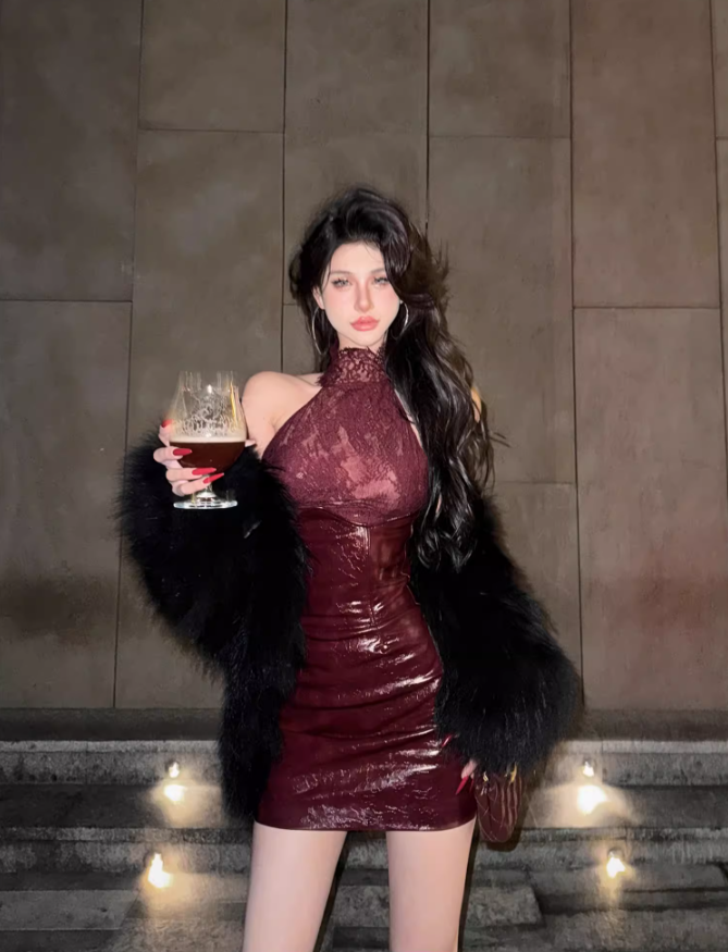 Sexy hot girl lace sleeveless top 2025 retro red high waist hip skirt suit R1154