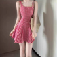 Retro red plaid suspender dress gentle temperament waist A-line short skirt R0791