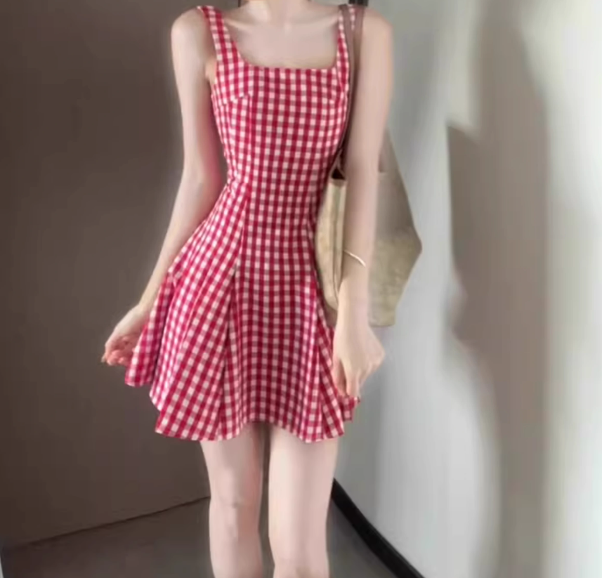 Retro red plaid suspender dress gentle temperament waist A-line short skirt R0791