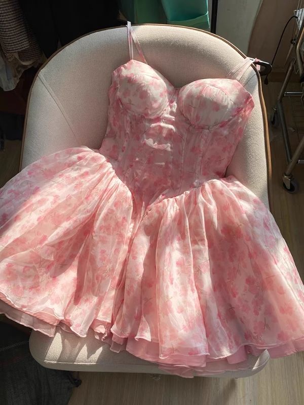 Pink Floral Strapless A-Line Tutu Homecoming Dress R3412