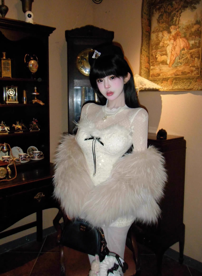 Pure desire hot girl lace long sleeve dress 2025 sequin waist hip skirt R1188