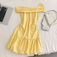 Off-shoulder yellow plaid bud texture A-line elastic waist dress R2065