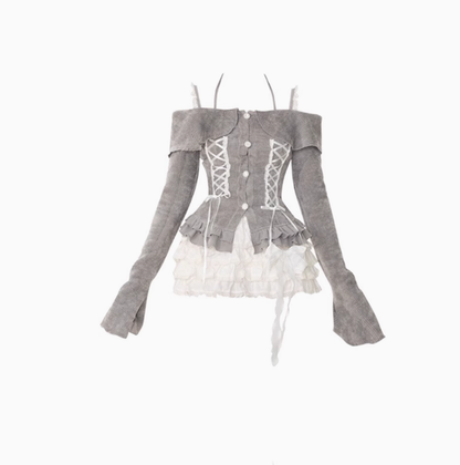 Pure desire style one shoulder halter neck knitted top 2025 large size cake skirt suit R1173
