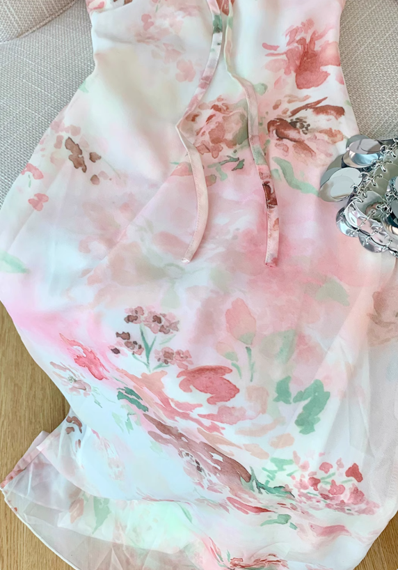 French pure desire style v-neck suspender dress new gentle style small flying sleeve long dress R4034