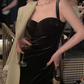 Velvet sling wine red dress retro Hong Kong style French design banquet dress R1436