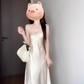French high-end white satin suspender dress gentle temperament lady waist hip long skirt R0450