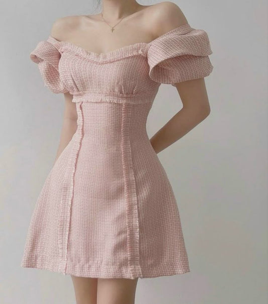 Pink one-shoulder waisted A-line slim short skirt homecoming dress R3515