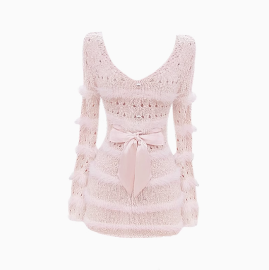 Pure desire style V-neck plush patchwork skirt 2025 hollow bow waist hip skirt R1377