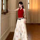 Date suit red sleeveless backless sweater printed skirt rich feeling outfit two piece suit R1744