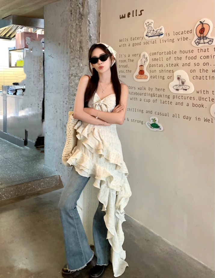 Fairy dress pure desire style irregular holiday suspender skirt floral cake skirt R1710