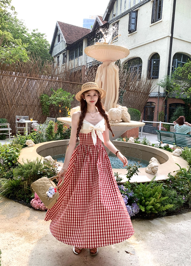 Long red plaid v-neck suspender dress for women summer French temperament skirt R4829