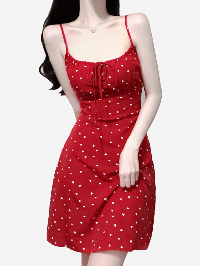 2025 Summer New Red Polka Dot High Waist Vacation Small A-line Suspender Dress R0965