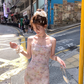 Gradient printing waist slimming suspender dress summer slim French skirt R4953