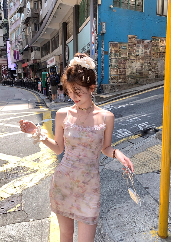 Gradient printing waist slimming suspender dress summer slim French skirt R4953