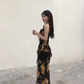 Retro ruffled floral suspender dress temperament waist beach dress R0788