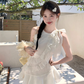 White waist bright silk chiffon halter neck suspender skirt women's summer French skirt R4619