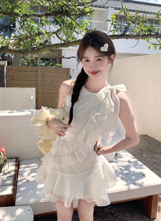 White waist bright silk chiffon halter neck suspender skirt women's summer French skirt R4619