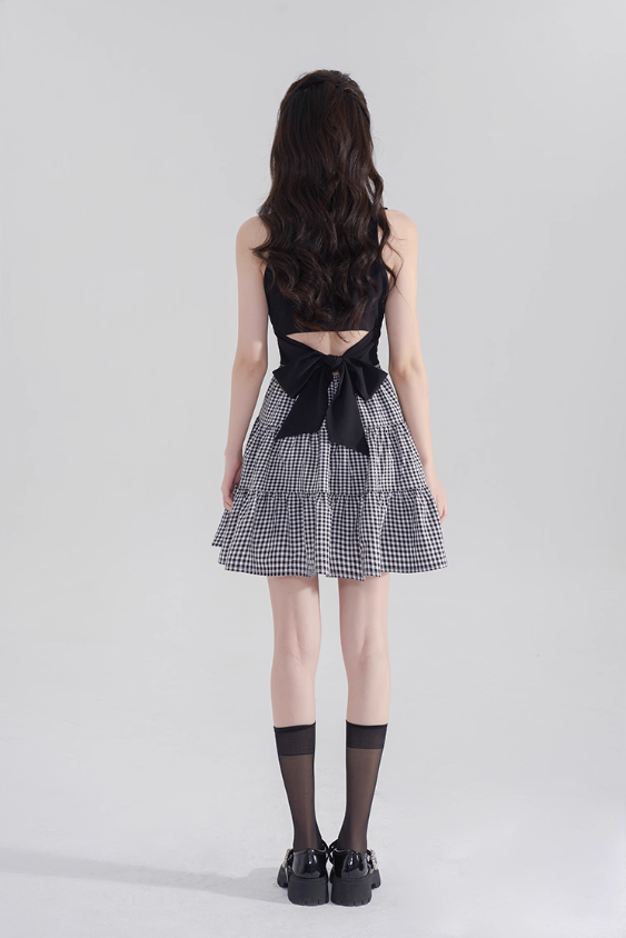 Black halter neck skirt new summer plaid waist high-end dress bow French retro skirt R4144