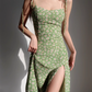 French slim side slit dress, vintage green daisy camisole, knee length skirt R2866
