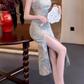 Retro sleeveless hollow dress 2025 waist-hugging hip-wrapped slit cheongsam skirt R1353