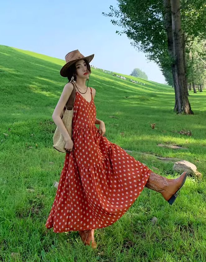 Beach holiday dress travel wear chiffon retro red dress floral loose suspender beach dress R1599