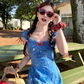 Blue tie-dye printed embroidered suspender dress summer French temperament skirt R4781