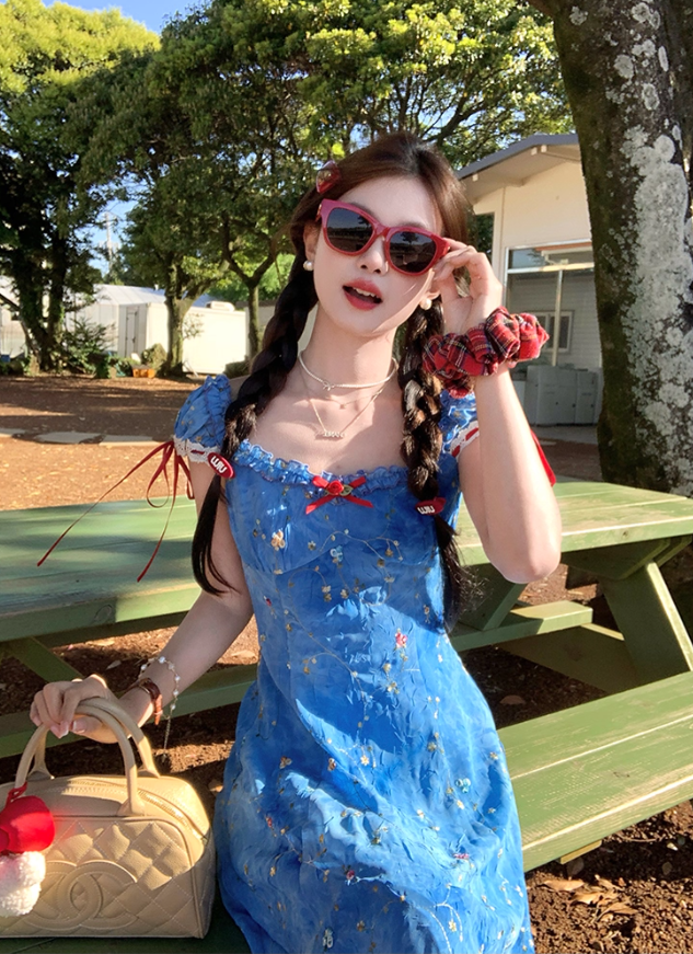 Blue tie-dye printed embroidered suspender dress summer French temperament skirt R4781