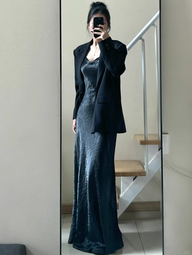 Large size French royal sister retro black suit jacket light luxury evening dress suspender skirt R1884
