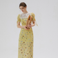 French yellow tea dress retro floral dress lace holiday dress for women R3558