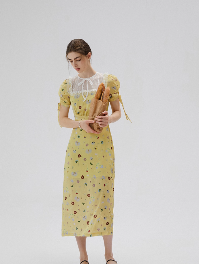 French yellow tea dress retro floral dress lace holiday dress for women R3558