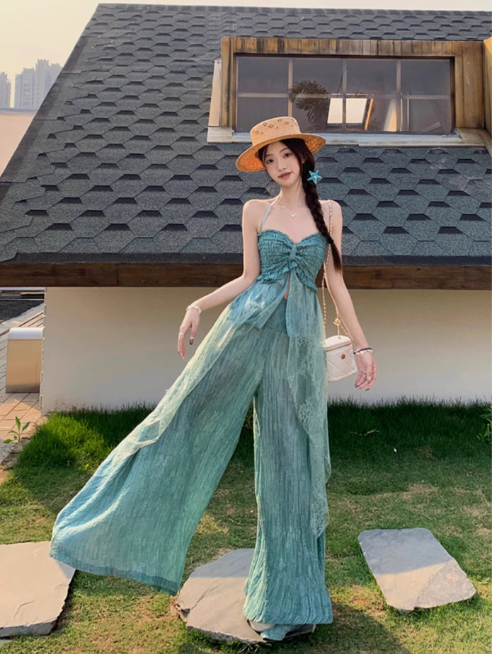 Fairy outfit: a halter neck tube top with small slings, mint green wide-leg pants, two-piece suit R1761