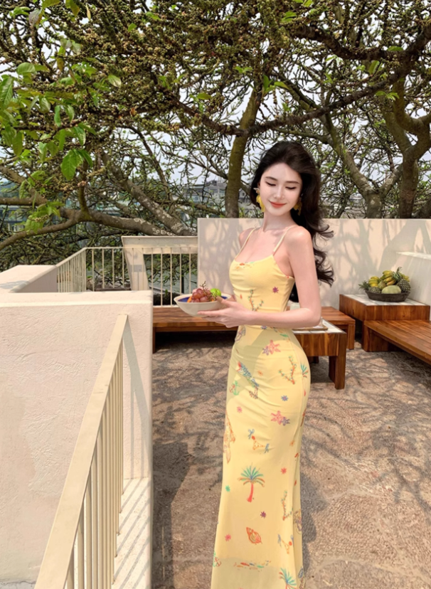 Yellow suspender dress 2025 sexy slim long skirt waist hip skirt R0582