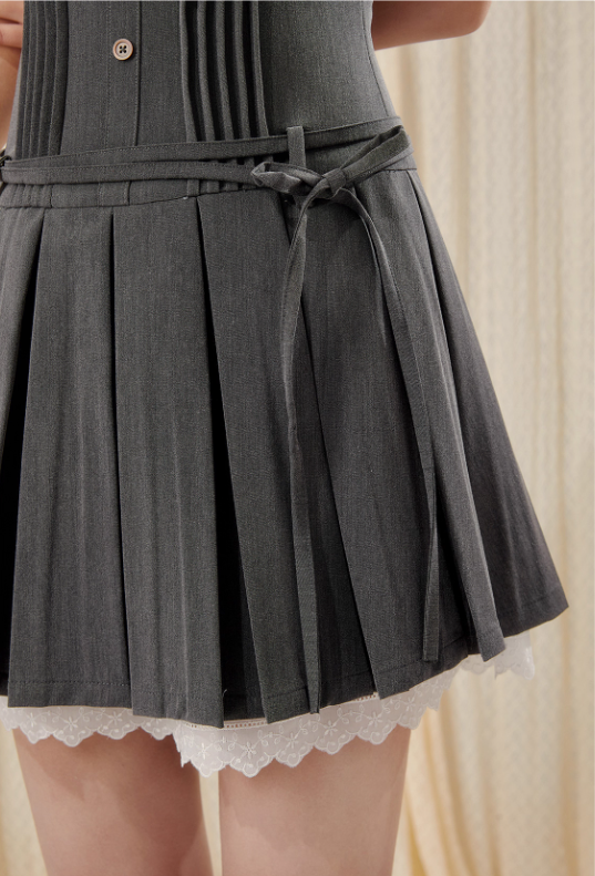 College style lace stitching gray puff short sleeve waist pleated dress R5210