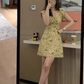 Dress long French style slim fit square collar flying sleeves A-line short skirt summer R2932
