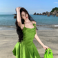 French green halter neck short skirt dopamine holiday style slim waist a-line dress R1631