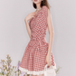 Summer off-shoulder red plaid dress with lace-up waist princess dress R4539