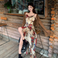 Fairy oil painting style suspender skirt swallowtail skirt dress lace cardigan two-piece suit R1718